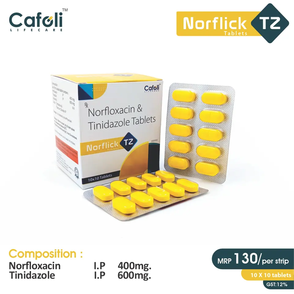 Norfloxacin + Tinidazole Tablet at the best price in PCD Pharma Franchise for Antibiotic and Bacterial and Protozoal Infection Treatment.